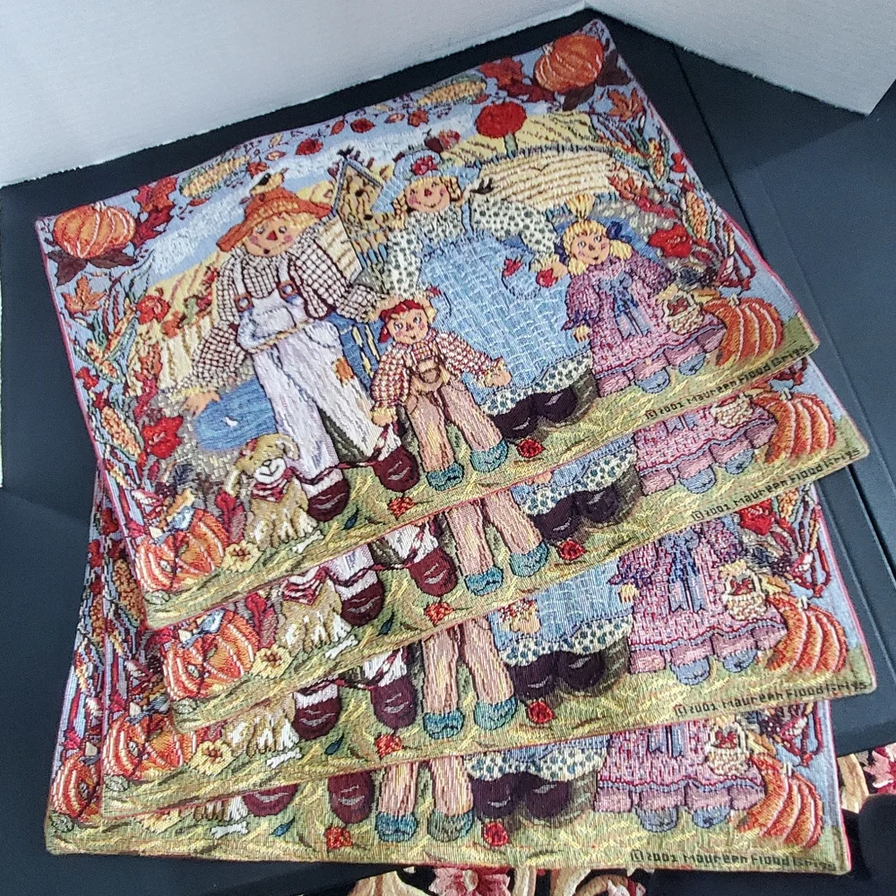 4 Scarecrow Placemats By Grigs Fall Autumn Pumpkins Dog Tapestry Cute 2001 Vtg